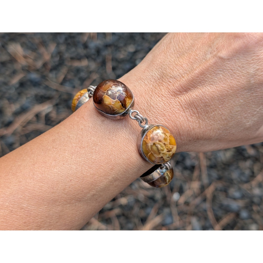 Vintage Rare Honey‎ Milky Amber Bracelet Silver Statement Jewelry sz 7 ***